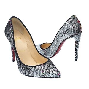 Christian Louboutin Pigalle Follies 100 Sequined Pumps Silver Multicolored 36